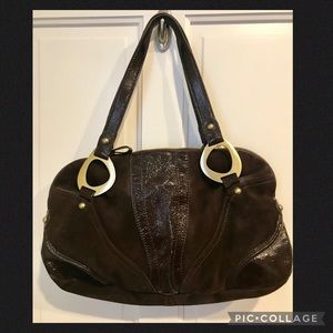 Via Spiga brown patent leather and suede bag.